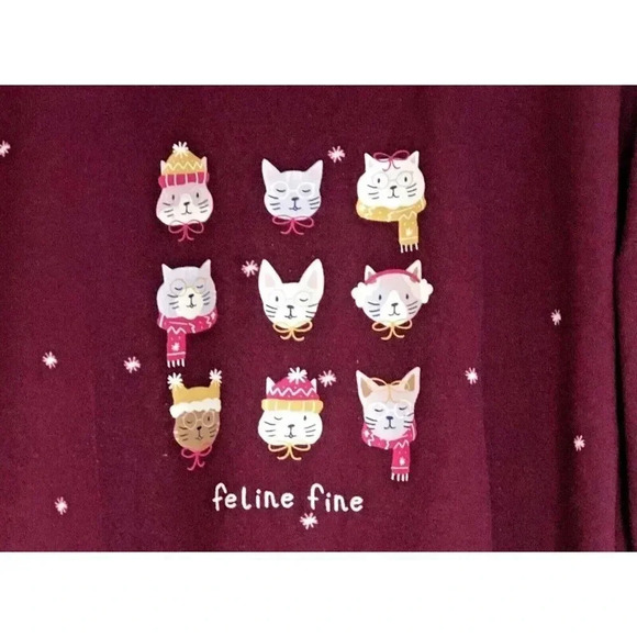 CATS Vintage Y2k Pajama Top MEOW! Animal Sweater Maroon Womens Large - Picture 2 of 6